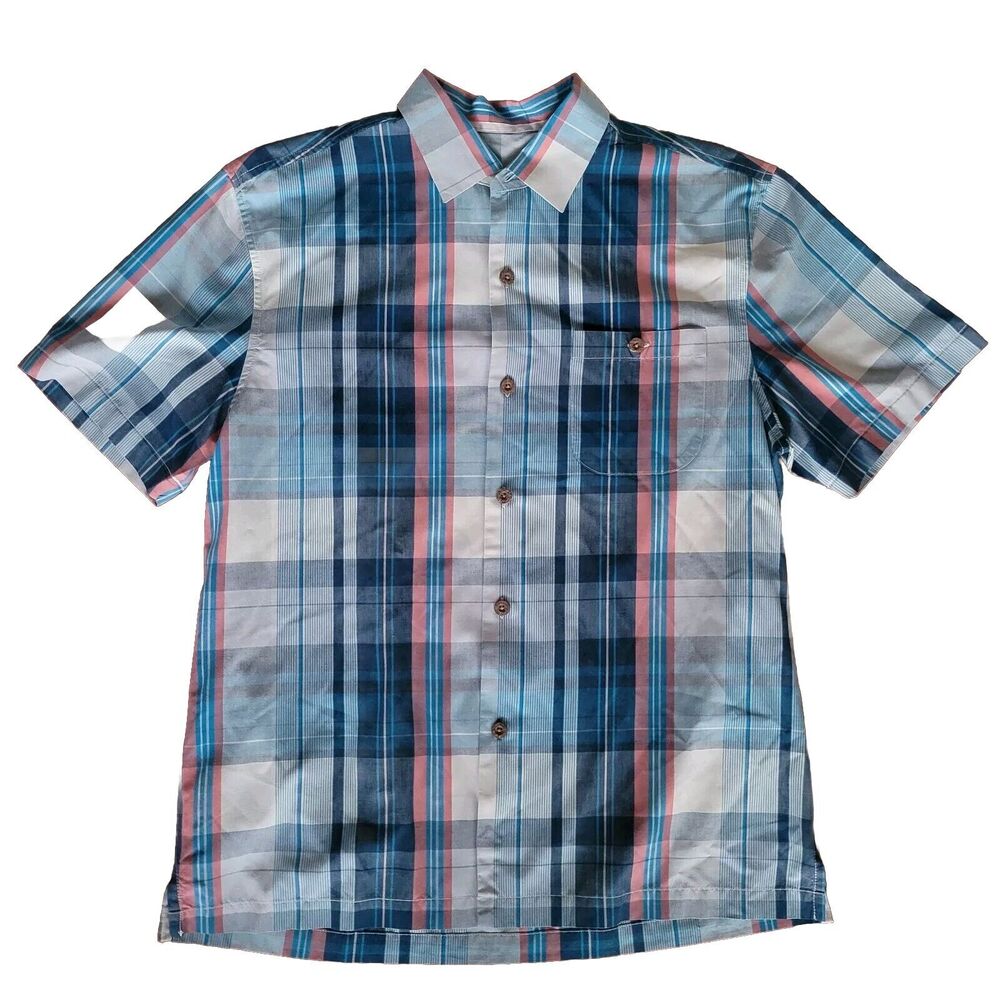 Tommy Bahama Madras Magic Island Blue Pink Zone Camp Shirt Size M